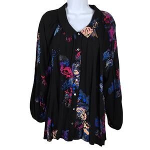 Free People Meadow Lark Tunic Blouse Boho Black Floral Print Women's S Button Up
